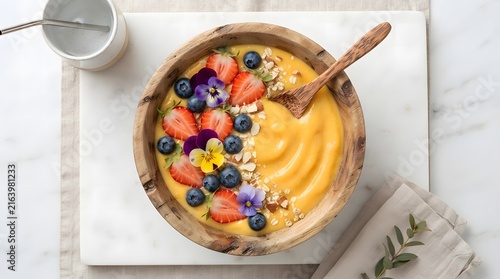 Yellow smoothie bowl topped with fresh strawberries blueberries edible flowers