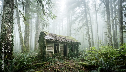 Abandoned wooden cabin in misty forest, ancient mossy shack in foggy woodland, eerie derelict hut surrounded by ferns and tall trees