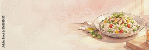 A national dish of Italian cuisine. 
Insalata di Riso — cold boiled rice with pickled vegetables, peas, and tuna. A banner with space for text. 