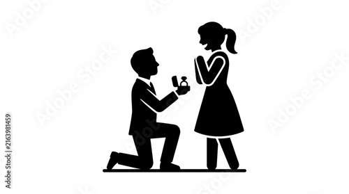 Bild auf Leinwand Silhouette illustration of a man proposing to a woman with a diamond ring
