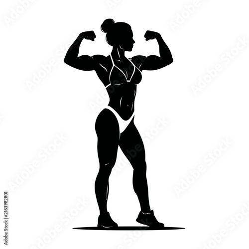 Silhouette of muscular woman bodybuilder flexing biceps