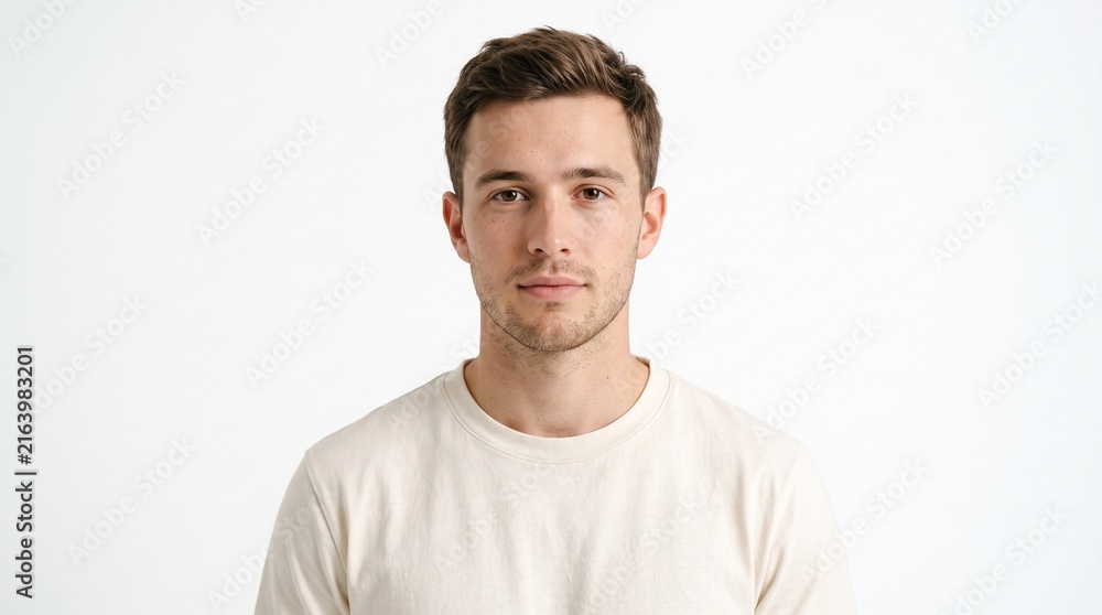 Obraz premium Man in a white t-shirt poses with a calm expression against a plain light background.