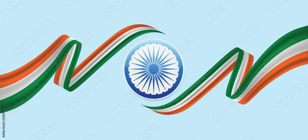 Obraz premium Indian Tricolor Wave Ribbon with Ashoka Chakra Celebrating National Pride and Freedom Spirit vector illustration