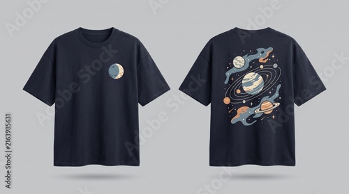 Front and Back Navy T Shirt Mockup with Cosmic Space Graphic and Planets