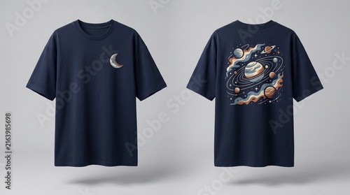 Front and Back Navy T Shirt Mockup with Cosmic Space Graphic and Planets