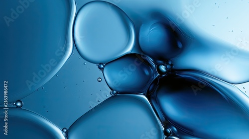 Macro close-up of abstract blue liquid droplets and fluid forms