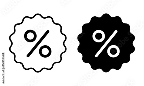 Discount badge icon, percentage sale label, outline and glyph promotion symbol for retail marketing