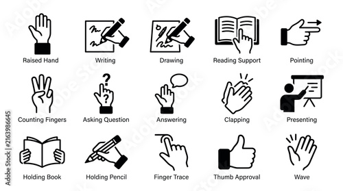 Set of black and white hand gesture icons representing various educational and communication actions for design projects