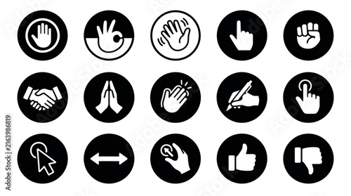 Collection of black and white hand gesture icons in circular designs