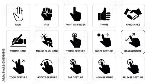Collection of black silhouette hand gesture icons representing various actions