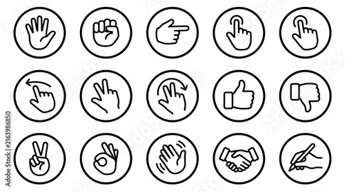 Collection of hand gestures and signs in circular black and white icons