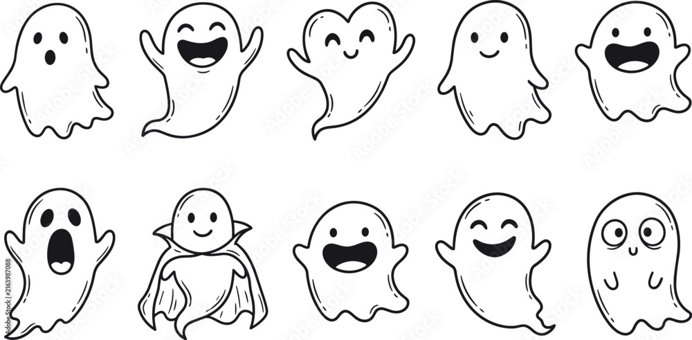 Fototapeta premium Set of cute hand drawn doodle Halloween ghost characters with funny face expressions in black outline vector.