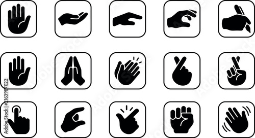 Collection of black and white hand sign icons on a white background
