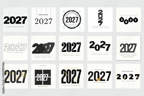 2027 Happy New Year typography collection modern festive lettering celebration vector template bundle