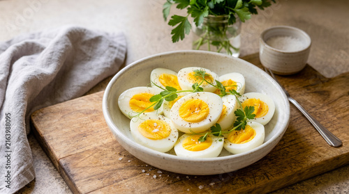 Foto Halved hard-boiled eggs seasoned with black pepper and herbs in a ceramic bowl on a wooden board, with parsley and salt in the background