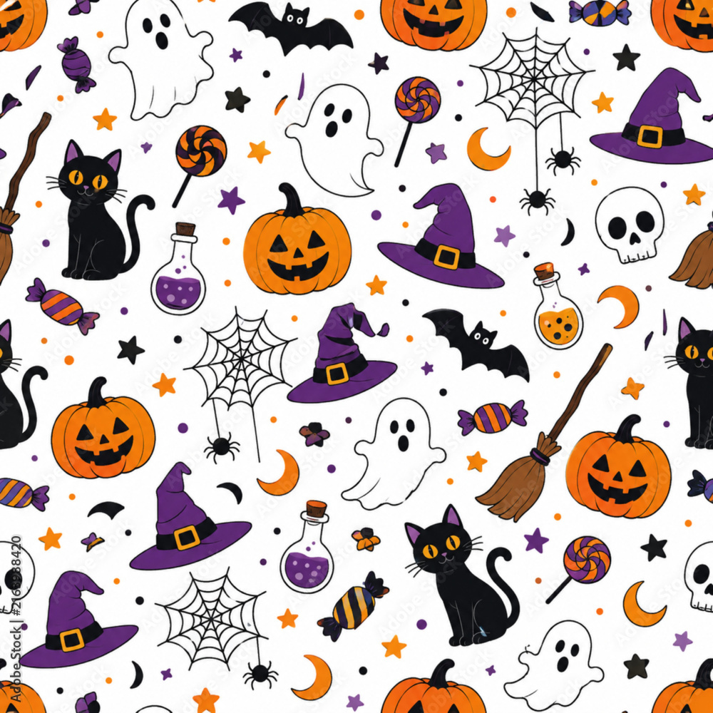 Naklejka premium Seamless Halloween pattern featuring cute elements like jack-o'-lanterns, black cats, friendly ghosts, witch hats, brooms, candies, and spider webs on a white background. Perfect for wrapping paper,