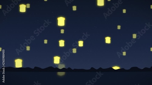 Floating lanterns in night sky over mountains. 2d animation