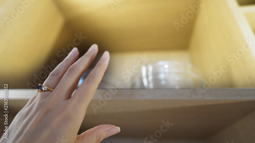 Modern Kitchen Organization Featuring Female Hand Accessing Cupboard
