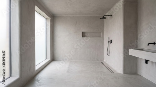 Modern minimalist bathroom with grey concrete walls and black shower