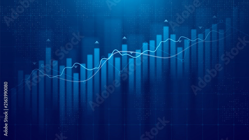 Business financial growth of graph or chart. Investment trading on stock market or success business concept. Vector illustration with financial graph and charts on dark blue background with grid, map.