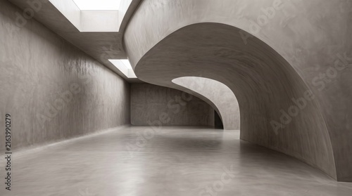 Modern Minimalist Concrete Interior with Curved Walls and Skylights