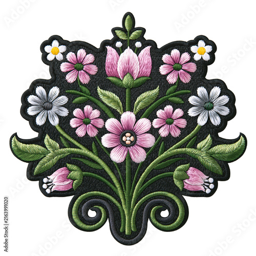 Floral embroidered patch with pink flower bouquet and green leaves on transparency background