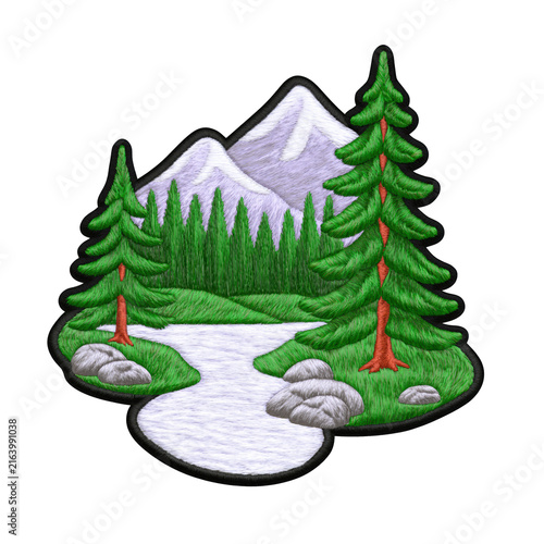 Embroidered patch showing forest landscape with mountain, pine tree, river and rock