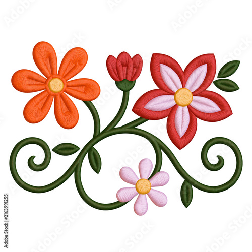 Embroidered flower patch with colorful floral vines and curled stems