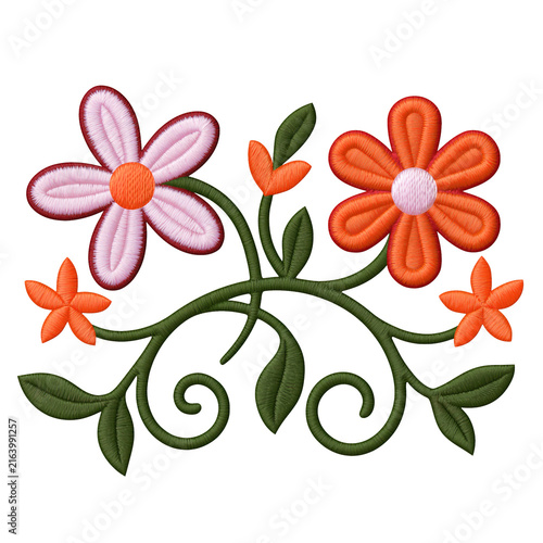 Embroidered floral patch with pink orange flower and green vine design