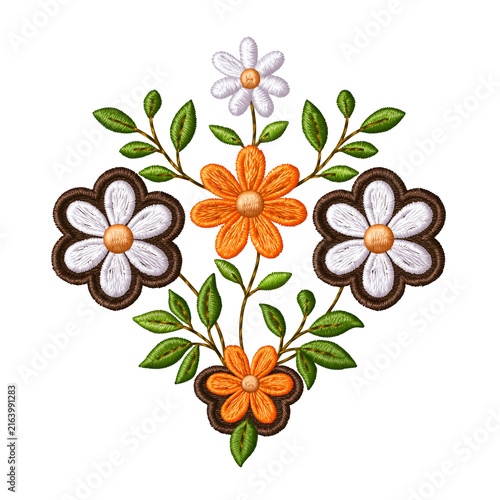 Embroidered floral patch with orange and white flower