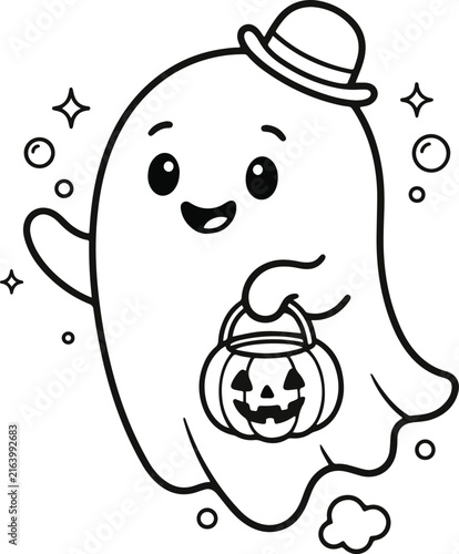 Cute Ghost with Hat and Pumpkin Bucket Halloween Coloring Page Black and White Line Art Vector Illustration