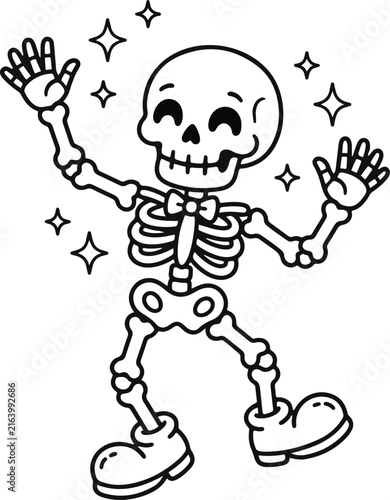 Cute Dancing Skeleton Halloween Coloring Page Black and White Line Art Vector Illustration