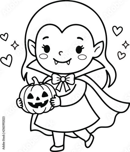 Cute Vampire Girl Holding Pumpkin Halloween Coloring Page Black and White Line Art Vector Illustration