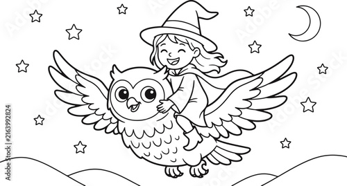 Cute Witch Girl Riding Owl Halloween Coloring Page Black and White Line Art Vector Illustration