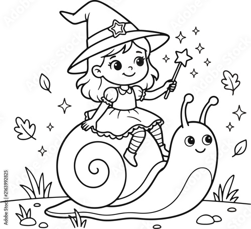 Cute Witch Girl Riding Snail Halloween Coloring Page Black and White Line Art Vector Illustration