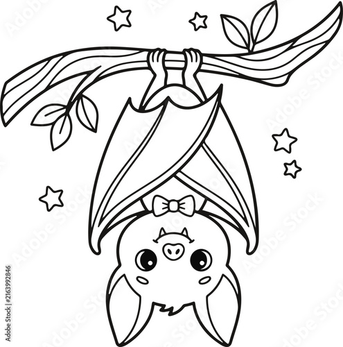 Cute Bat Hanging on Branch Halloween Coloring Page Black and White Line Art Vector Illustration