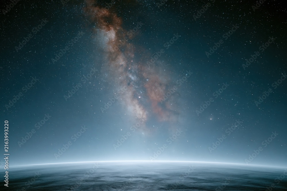 Fototapeta premium Meeting Background - Cosmic night sky with Milky Way over a distant planet.