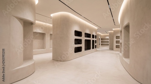Modern minimalist luxury retail store interior with curved walls