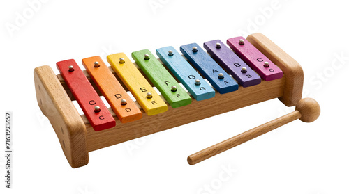 Wooden xylophone toy with colorful bars isolated on white background, perfect for children, education, and music design projects, and creative projects, high quality visuals, modern