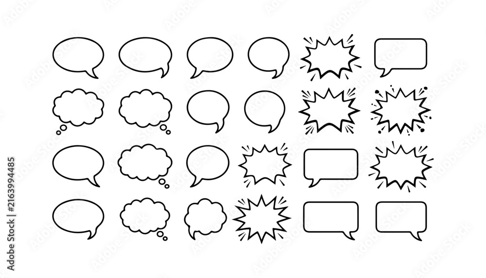 Fototapeta premium Set of hand drawn comic book speech bubbles and thought clouds in various shapes and styles