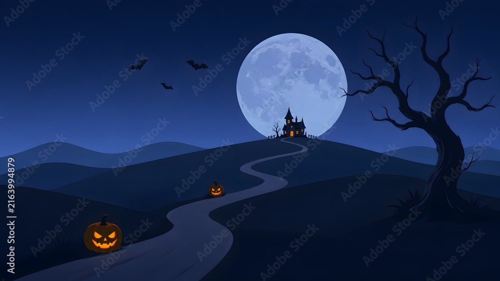 Fototapeta premium A spooky halloween night scene featuring a silhouetted castle glowing jack o' lanterns and a large full moon in a dark mysterious