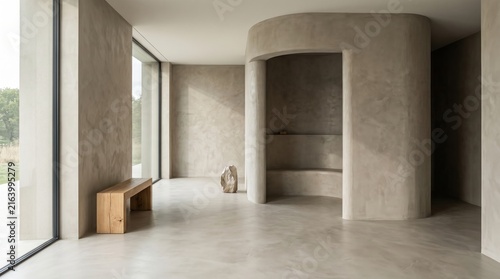 Minimalist modern interior with curved concrete walls and wooden bench