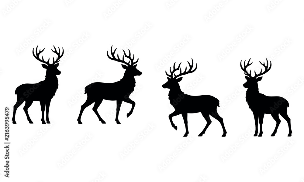 Naklejka premium Silhouette of four majestic deer stags with antlers isolated on white