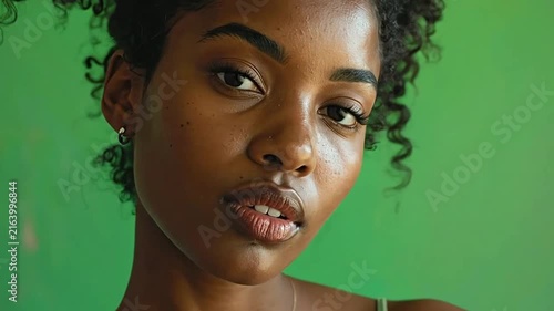A close portrait of a young woman with curly dark hair