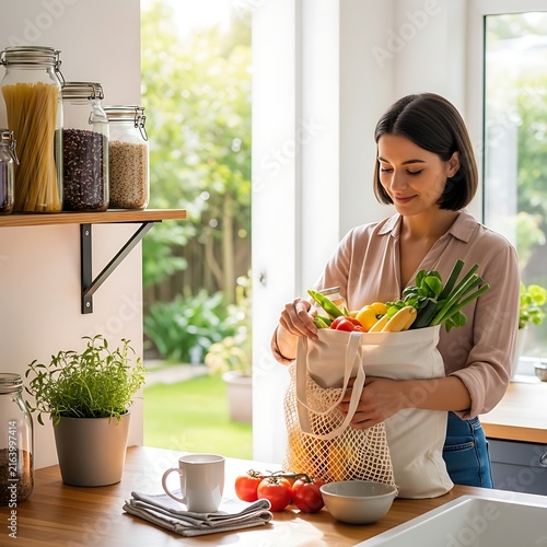 Young woman unpacking fresh organic vegetables from a reusable cotton bag in her bright kitchen.
