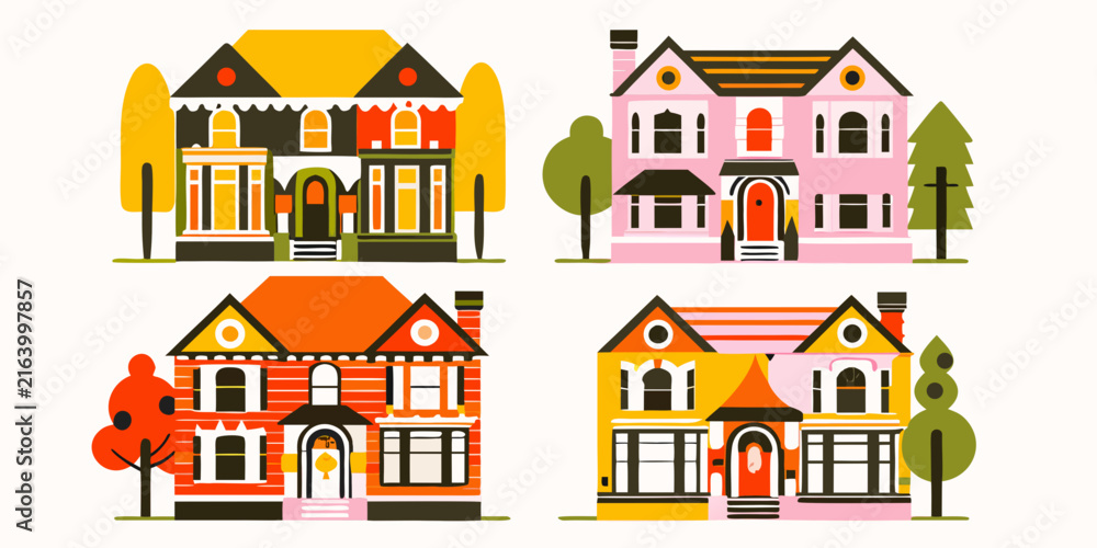 Fototapeta premium Colorful houses vector illustration with geometric shapes and flat design