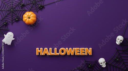Halloween background concept with purple design and orange pumpkins featuring spooky skulls and ghosts with cobwebs