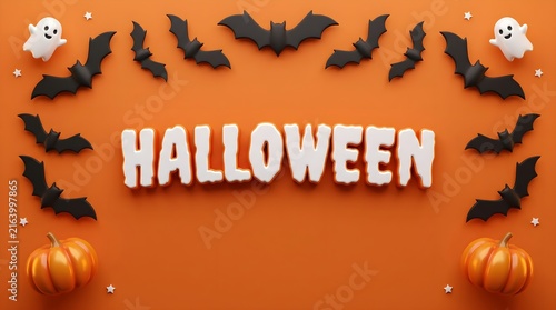 Halloween greeting card with bats and pumpkins on orange background, spooky 3d holiday decoration, cute ghost, candy sweet, festive autumn textile art, party banner invitation design