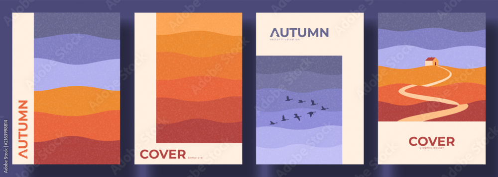 Naklejka premium Modern Minimalistic Autumn Poster Set. Autumn vector flyers featuring abstract landscapes with layered hills and sky. Covers for seasonal brochure, branding, fall-themed project, packaging, promotion.