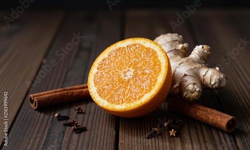 Orange and Cinnamon Sticks with Fresh Citrus Slices for a Warm Rustic Seasonal Still Life Composition